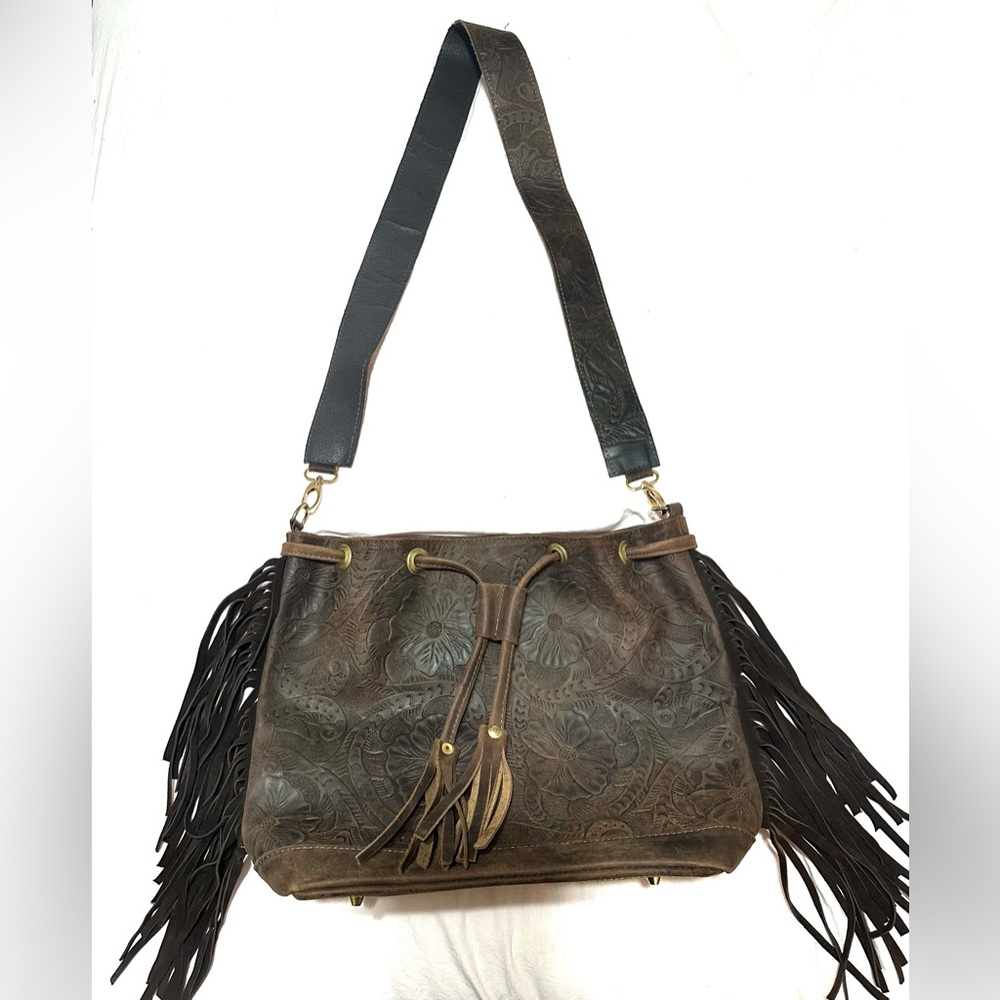 Embossed Leather Fringe Shoulder Bag